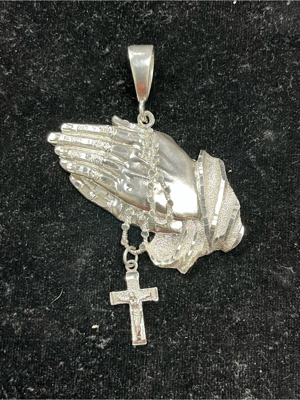 Praying Hands Pendant with Cross Charm - Sterling silver. Xtra large.